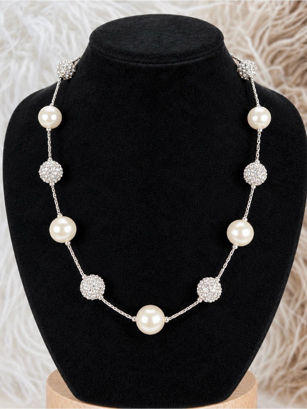 Beautiful, silvertone, faux pearl, bling ball Anne Klein costume necklace